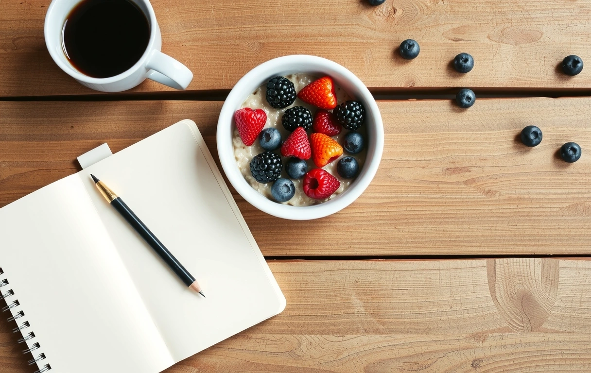 Notatnik i śniadanie na stole